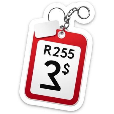 price tag sticke, with the text "R$25", red and white sticker