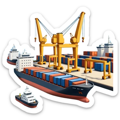 A 3D cartoon cargo or passenger seaport terminal with cranes and ships docked, calm lighting, Memoji-style realism. sticker