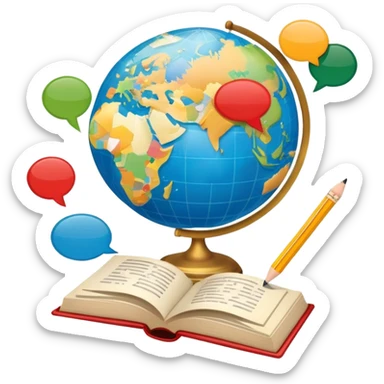 An icon featuring a globe with speech bubbles in different languages, symbolizing the study of foreign languages. The design includes a book and a pencil, representing learning and communication across cultures. Transparent background highlights the global nature of language education. sticker