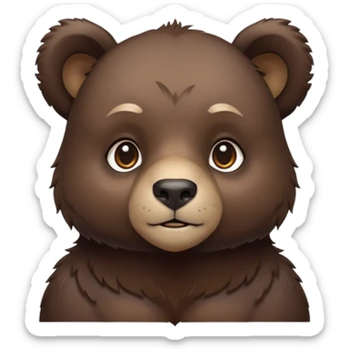 Cinematic Noble bear cub Portrait Emoji, Poised and regal, with a large, imposing build and a thick, well-groomed rich dark brown fur, deep-set soulful eyes, Simplified yet sharp and sophisticated features, highly detailed, glowing with a soft, dignified glow, high shine, intelligent and formidable, stylized with an air of wild majesty, focused and attentive, soft glowing outline, capturing the essence of a watchful and commanding guardian, so majestic it feels as though it could lumber out of the screen with effortless authority! sticker