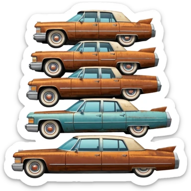 Cinematic realistic ultra HD - a pile of old vintage cadillac cars stacked in a pyramid sticker