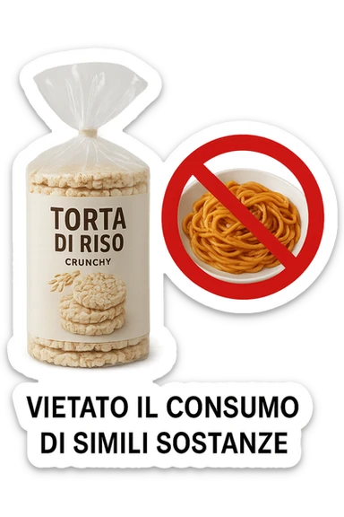 confezione di gallette di riso con accanto un piatto di pasta con divieto sopra, in italiano,  realistici sticker