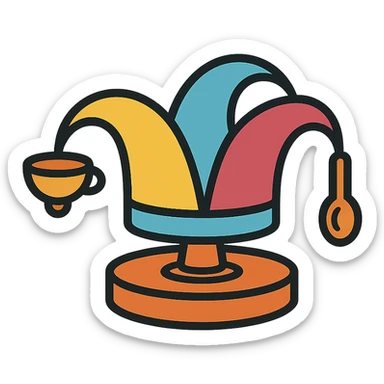 modern vector logo of a jester's hat with ceramic glaze effect, pottery wheel base, one bell is a clay bowl, another is a wooden spoon, warm inviting palette yellow, sky blue, raspberry red, playful, elegant, branding-ready for culinary and pottery workshop sticker