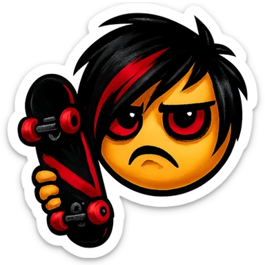 emo emoji, black and red skateboard, edgy and expressive sticker