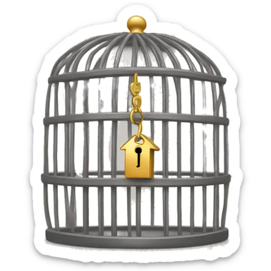 long and empty cage with a golden key next to i sticker
