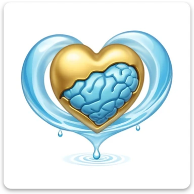 Golden floating capsule wrapped in soft blue liquid waves, slowly spinning around a translucent heart and a shining brain, with flashes of calmness that expand like waves in water sticker