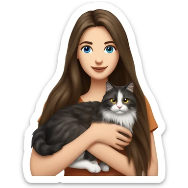 long straight haired blue eyed brunette woman holding norwegian forest cat with amber eyes sticker