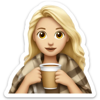 blonde girl in with a blanket and a latté coffe sticker