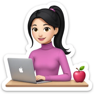 a woman with long sleeve turtle neck top and smile, her hair is long black pony tail, her eyes color are black and the color of her lip is soft pink with apple notebook (macbook). her jab is digital designer. sticker