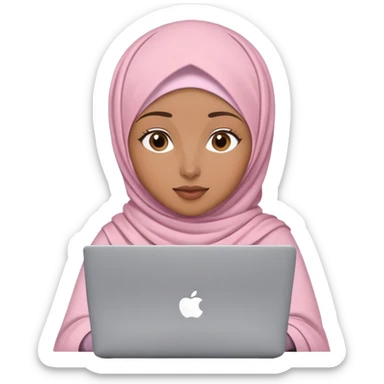 Light brown skin woman wearing modern loose light pink hijab working behind laptop sticker