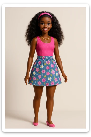 classic Barbie doll with dark skin, full body, iconic style, cheerful expression, modern fashion, soft lighting sticker