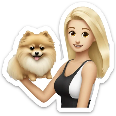 blondes mädchen mit einem schwarz weiß pomeranian auf dem arm  sticker