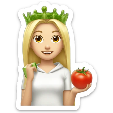 blonde girl  eating  cucumber and tomatoes with white hoodie iridescent and a crown princess sticker