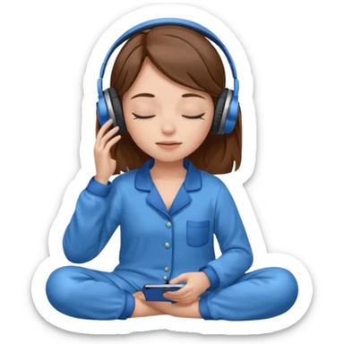 chica con pelo castaño ojos cerrados escuchando musica en pijama azul sticker