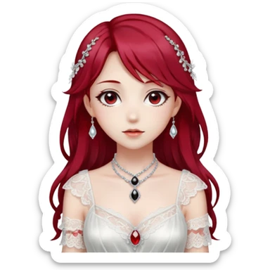 Beautiful shiny ethereal Gorgeous Anime Lady with dark hair and red hair streaks with a beautiful white silky lace dress and rubies and onyx gems  sticker