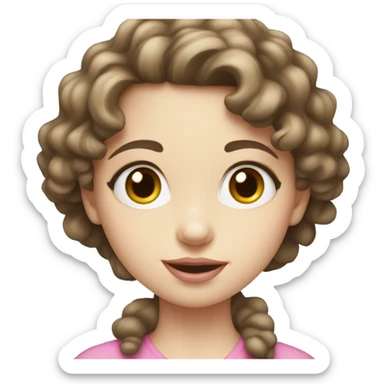 young girl with pale skin, gray eyes, chest-length curly brown hair with pink lips sticker