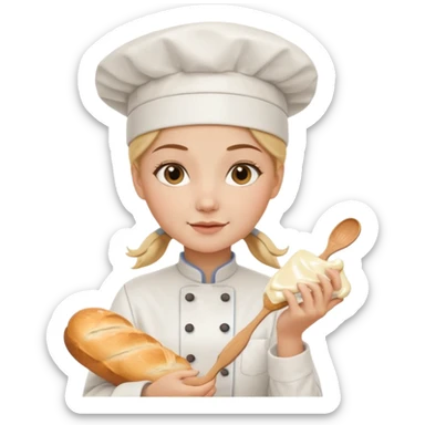 Young female baker - white chef hat, holding cream piping bag to milk oil on bread sticker