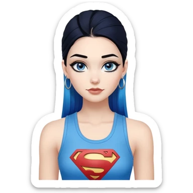 Flirty-very-beautiful-face-long-straight-dark-blue-ombre-hair-and-blue-eyes-thick-black-eyeliner-really-thick-long-eye-lashes-sky-blue-superman-tank-top-silver-hoop-earrings sticker
