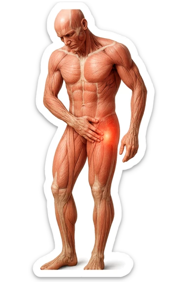CORPO UMANO ANATOMICO A FIGURA INTERA REALISTICO CHE SI TOCCA L'ANCA INFIAMMATA, DOLORE ALL'ANCA, IPERREALISTICO 4K sticker