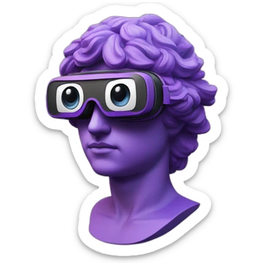 an EMOJI OF A ancient young greek statue, wearing VR headset, purple colors, DIGITAL UNIVERSE sticker