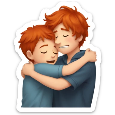 a red-haired boy hugs a crying brown-haired boy to comfort him sticker