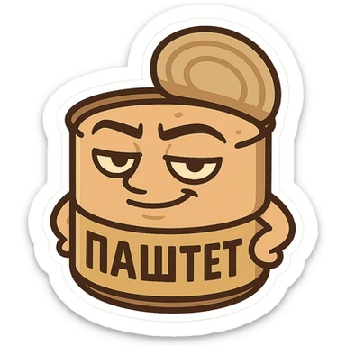 Chibi open pâté can character, masculine confident look, relaxed smug smile, heavy eyelids, strong outline, simple emoji style, neutral warm colors, minimal design, Twitch emote optimized, Cyrillic text "ПАСТЕТ" bold and clear sticker