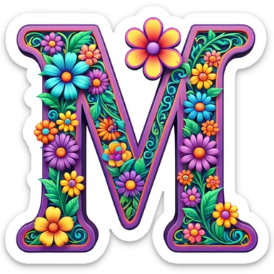 3D, gothic style psychedelic colored capital Letter M with hippie style flower border sticker