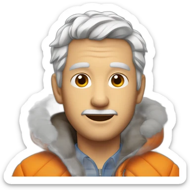 young gray-haired white man with an orange down jacket sticker