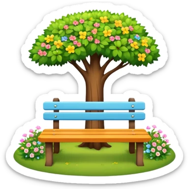 colorful bench under a tree with small flowers around, clean and friendly look sticker