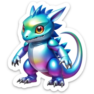 white iridescent colorful metallic alloy gradient shiny glossy Fakémon-Digimon-creature-hybrid (full body) sticker