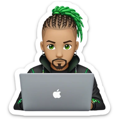 Light skinned African American male with green eyes as a cyberpunk hacker with cornrows hairstyle but short cornrows  with lite goatee facial hair  coding on laptop  sticker