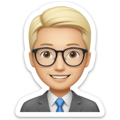 smiling Asian consultant, 35, short blond slicked-back hair, big glasses sticker