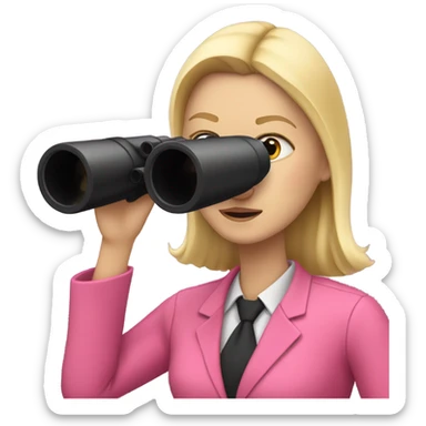 white female employee with loose blonde hair wearing intensive color pink suit looking in binoculars sticker