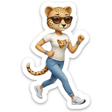 friendly anthropomorphised female cheetah in jeans and t-shirt, wearing dark sunglasses, jogging upright in standard pose sticker