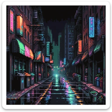 Pixel art background, side view of a dark Gotham-style street at night, moody lighting, flickering neon signs, trash bins, wet pavement, shadows in windows, 2D fighting game stage style, straight camera angle, retro arcade aesthetic
 sticker