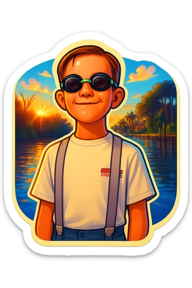 Combine the background of the first image showing a canal and sky with the person from the second image, a boy with goggles and suspenders, in the foreground. Create a vibrant and playful sticker-like look in retro stickers style. sticker