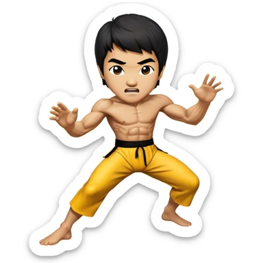 Cinematic Realistic Bruce Lee Portrait Emoji, depicted as a dynamic martial arts icon with an intense gaze and athletic physique caught in a fluid motion, rendered with vivid textures and energetic lighting that embodies his legendary prowess. sticker