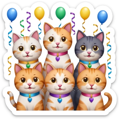 six male cats at a birthday party, confetti, streamers, each cat with a different expression, fun and lively, emoji style sticker