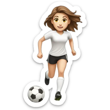 Caucasian girl with brown long hair running with a soccer ball wearing White short and black shorts sticker
