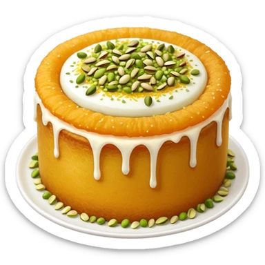 A small round emoji of traditional kanafeh with golden-orange crispy threads, a gooey white cheese center, and a light sprinkle of green pistachios. Warm and delicious-looking. sticker