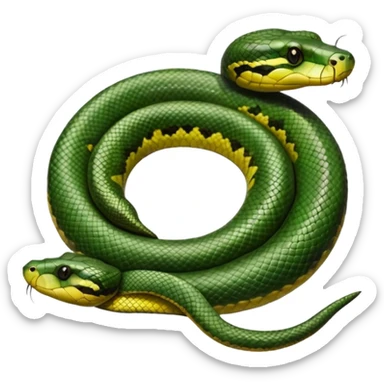 A photo-realistic top-down view of a Green Anaconda tightly coiled in a spiral, with its broad, flat head resting at the center. Its thick, muscular body is olive-green and covered in symmetrical, bold black oval spots that stand out against its smooth scales, creating striking natural camouflage. sticker