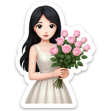 A beautiful girl with long black hair and a white dress is holding a bouquet of pink roses sticker