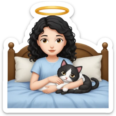 angelic black wavey hair girl in the bed with her cat sticker