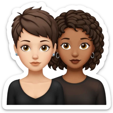 white woman brunette with a pixie hairstyle and black woman with locks and a piercing on the nose sticker