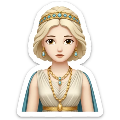 An emoji portrait of a Greek noblewoman. She wears a peplos dress with intricate folds and gold jewelry. Her expression is calm and intelligent. sticker