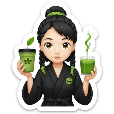 Fair skinned girl, black one braid hair wearing black bathrobe, holding a matcha sticker