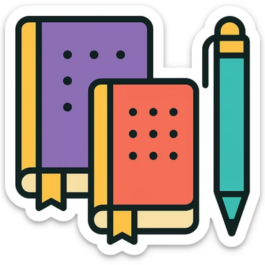 Make the pen icon cyan and add a purple notebook next to it, keep the color outline icon style sticker