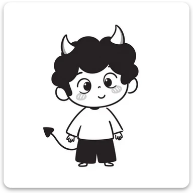 hand-drawn chibi demon with big innocent eyes, small pointy tail, and adorable expressive face sticker