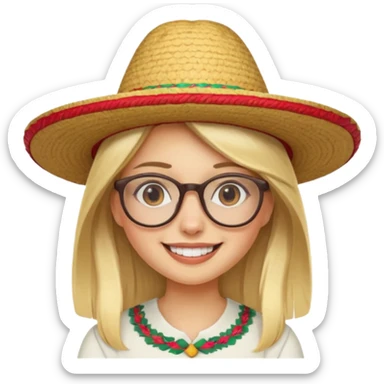 blonde girl with straight hair and glasses with a Mexican hat  sticker