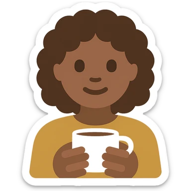 white girl with medium curly hair holding a coffee cup, flat color icon style, thick lines, flat colors sticker